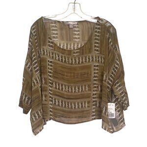 Women’s Love21 Sheer Woven Top XS Green Beige Boho Boxy Blouse NWT